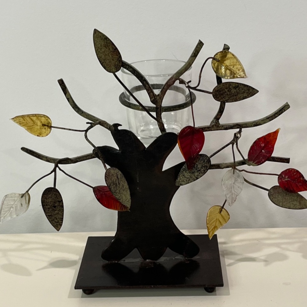 Tree Shaped Metal Standing Votive Candle Holder with Resin Leaves - Rustic 8"H